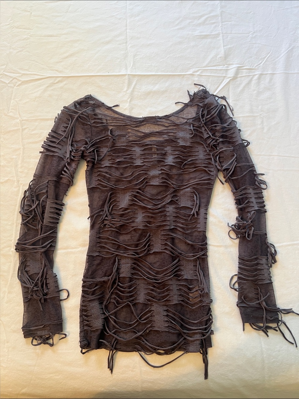 Sheer Distressed Long-Sleeve Knit Top - Charcoal
